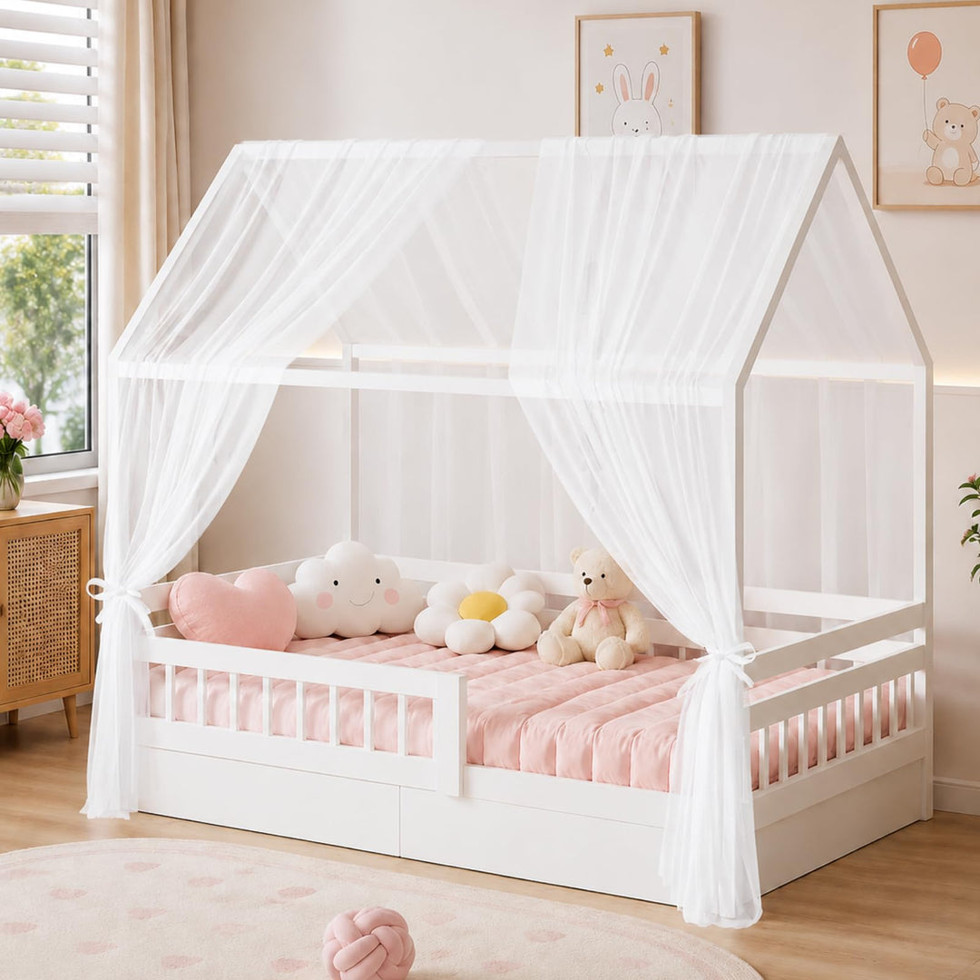 Betthimmel für Hausbett, 2 Stück Kinderzimmer Himmel 350x150cm, Hausbett Himmel aus Baumwoll-Musseli