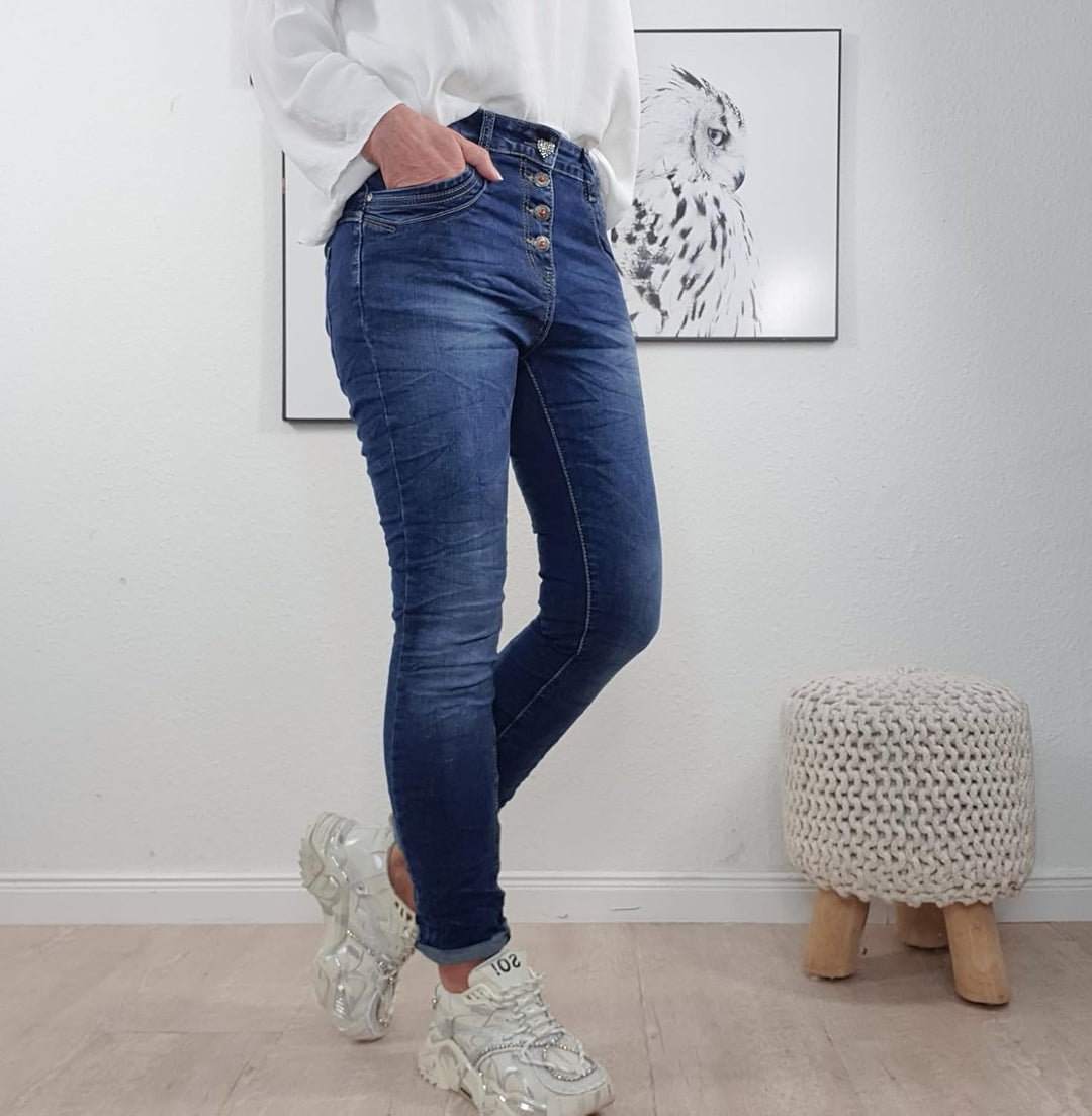 Jewelly Stretch Jeans| im Baggy Boyfriend Schnitt| Damen Hose mit dekorativer Knopfleiste| Perfekter