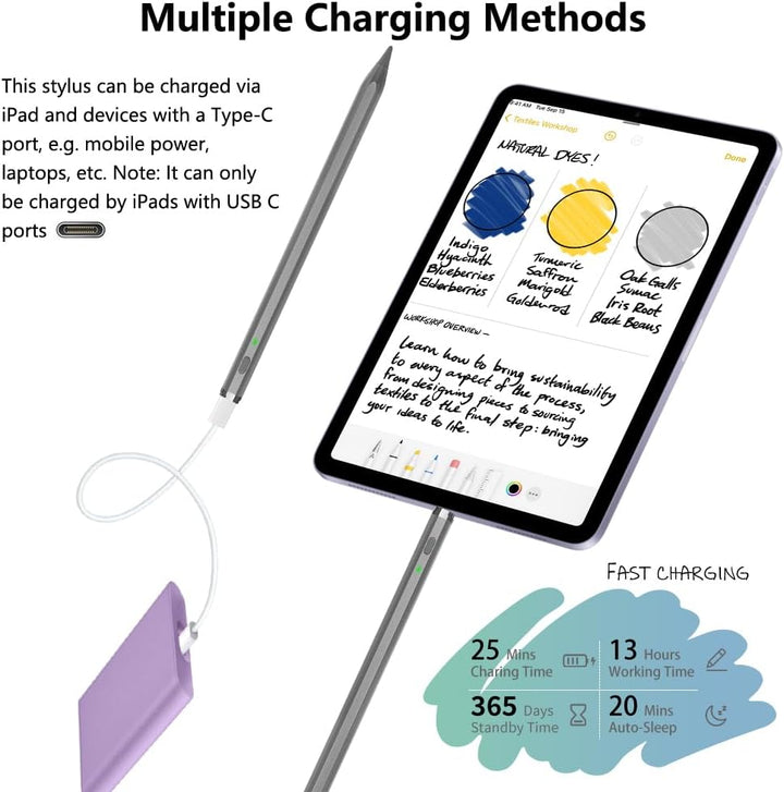 KIROSA Stift für iPad 2018-2023, iPad Stift mit USB-C Schnellladung, Neigung &amp; Handflächenabweisung,