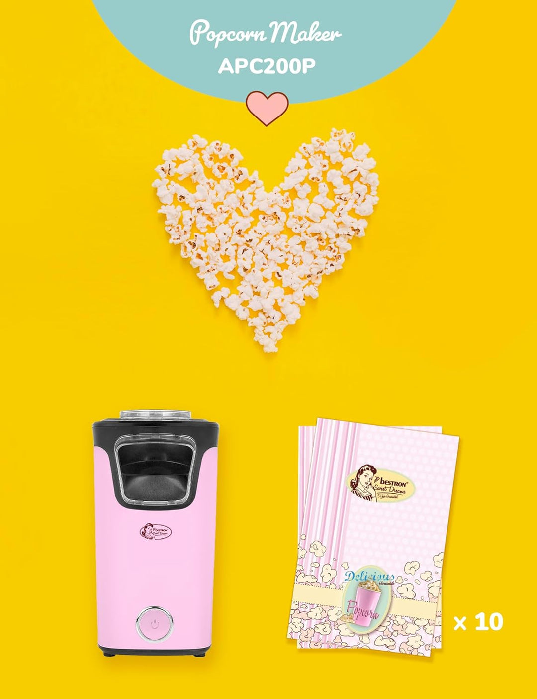 Bestron Popcornmaker, Turbo-Popcorn in unter 2 Minuten, Popcornmaschine mit Heisslufttechnologie, in