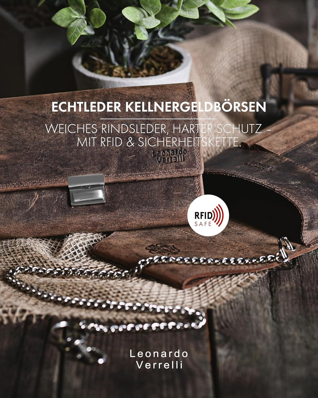 LEONARDO VERRELLI Kellner-Geldbörse aus Leder in braun mit grossem Münzfach Damen Herren Portemonnai