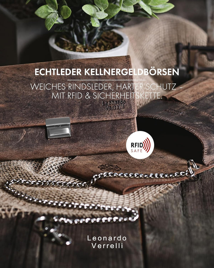 LEONARDO VERRELLI Kellner-Geldbörse aus Leder in braun mit grossem Münzfach Damen Herren Portemonnai