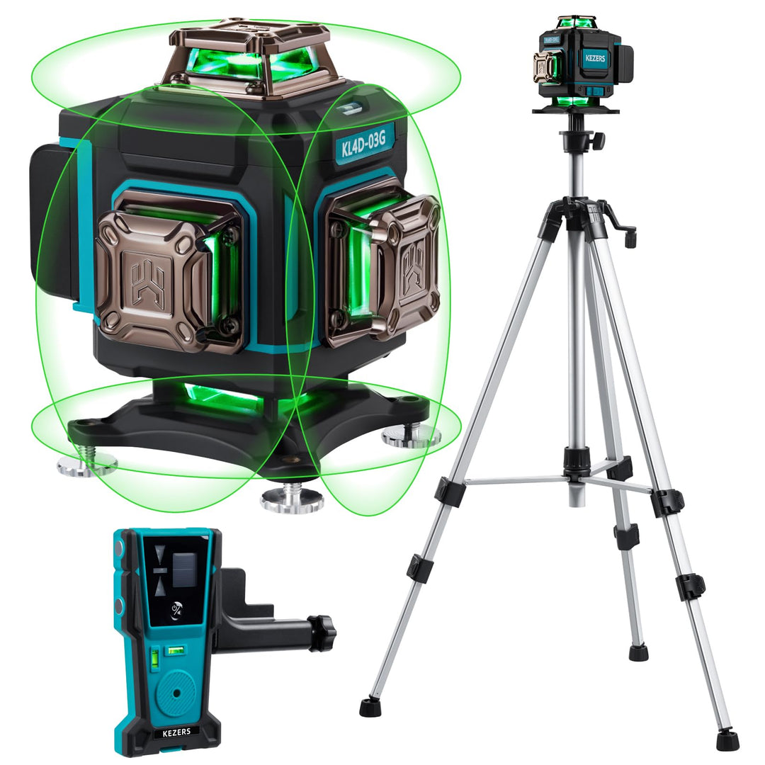 KEZERS Kreuzlinienlaser Set mit Stativ, 4 x 360 Laser-Wasserwaage mit Empfänger und Nivellierlatte f