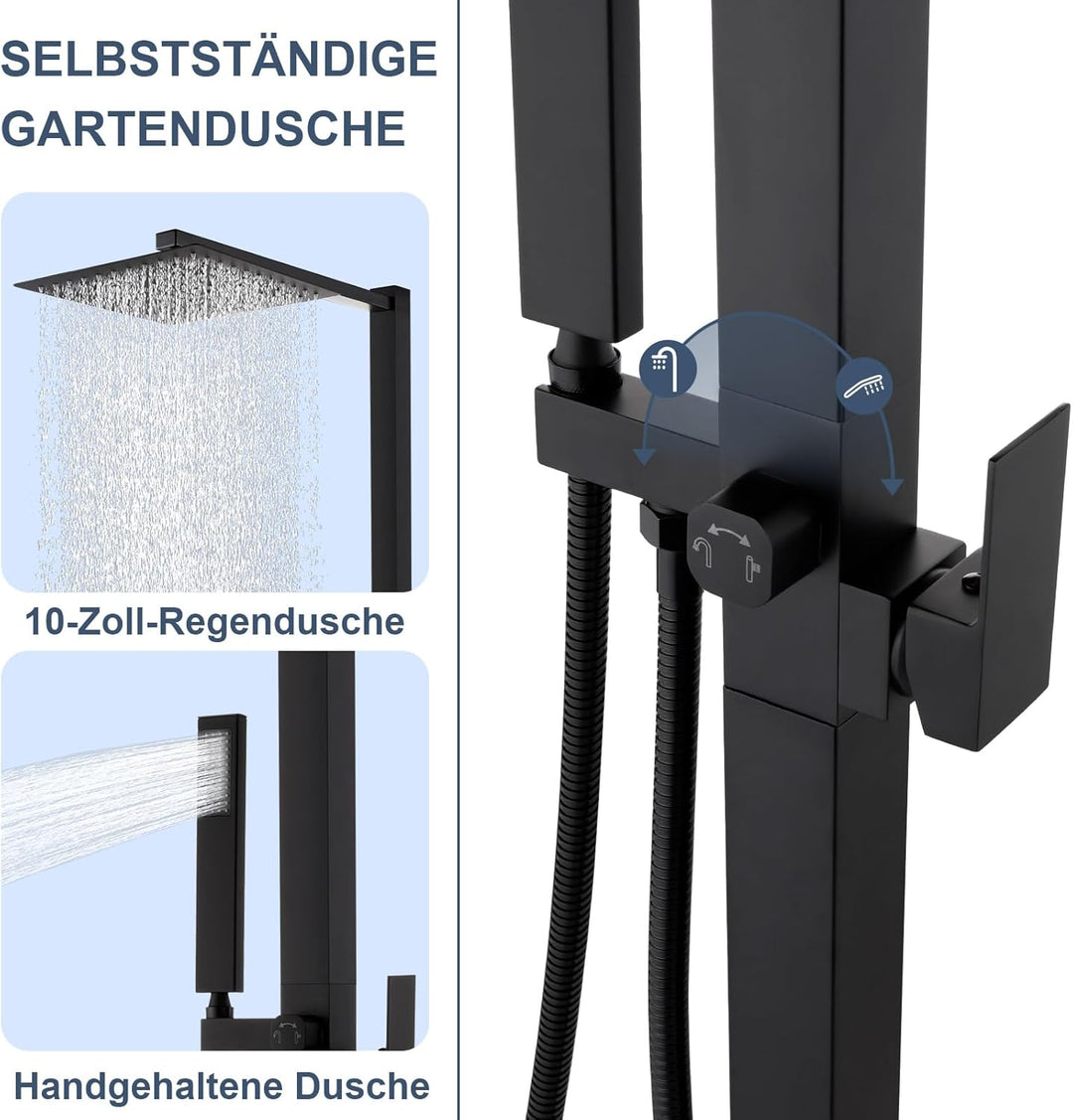 Freistehende Schwarze Edelstahl Gartendusche mit Warm- &amp; Kaltwasser | 10-Zoll Regenduschkopf, Edelst