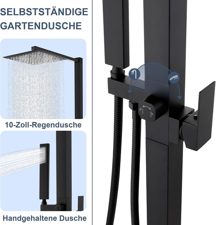 Freistehende Schwarze Edelstahl Gartendusche mit Warm- &amp; Kaltwasser | 10-Zoll Regenduschkopf, Edelst