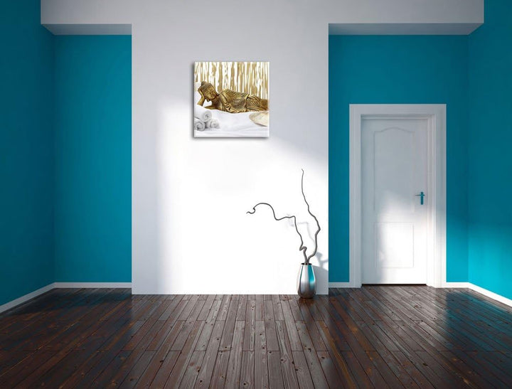 Pixxprint Goldener Buddha auf Handtuch als Leinwandbild/Grösse: 70x70 cm/Wandbild/Kunstdruck/fertig