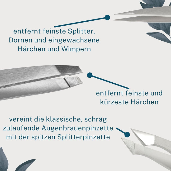 REMOS Pinzetten Set 3-teilig mit Augenbrauen-, Splitter-& Kombipinzette in Satin