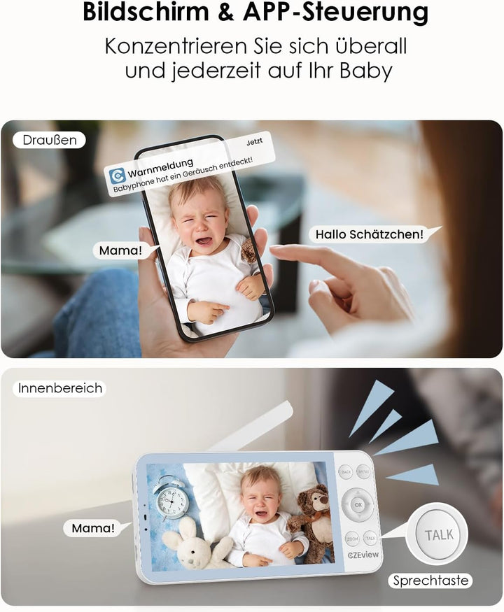 CZEview BM6 Babyphone mit Kamera 2K & 4X Zoom, 5.5" HD WLAN Video Babyfon mit App, Nachtsicht, Beweg