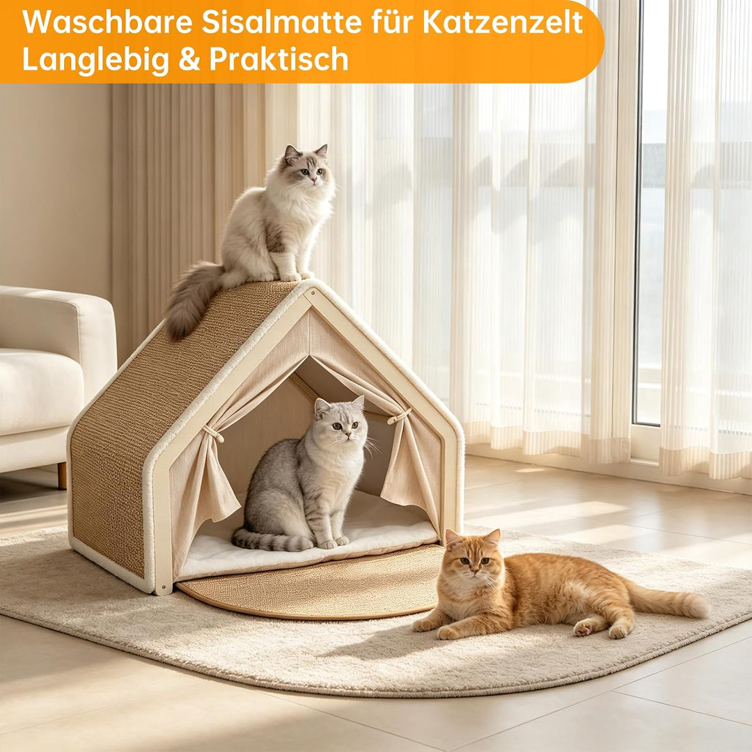 Sisal &amp; Holz Katzenhöhle Katzenhaus Indoor mit Oben Kratzbrett Katze(Beige) | Katzenbett, Abnehmbare