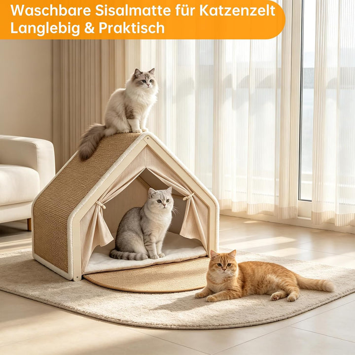 Sisal &amp; Holz Katzenhöhle Katzenhaus Indoor mit Oben Kratzbrett Katze(Beige) | Katzenbett, Abnehmbare