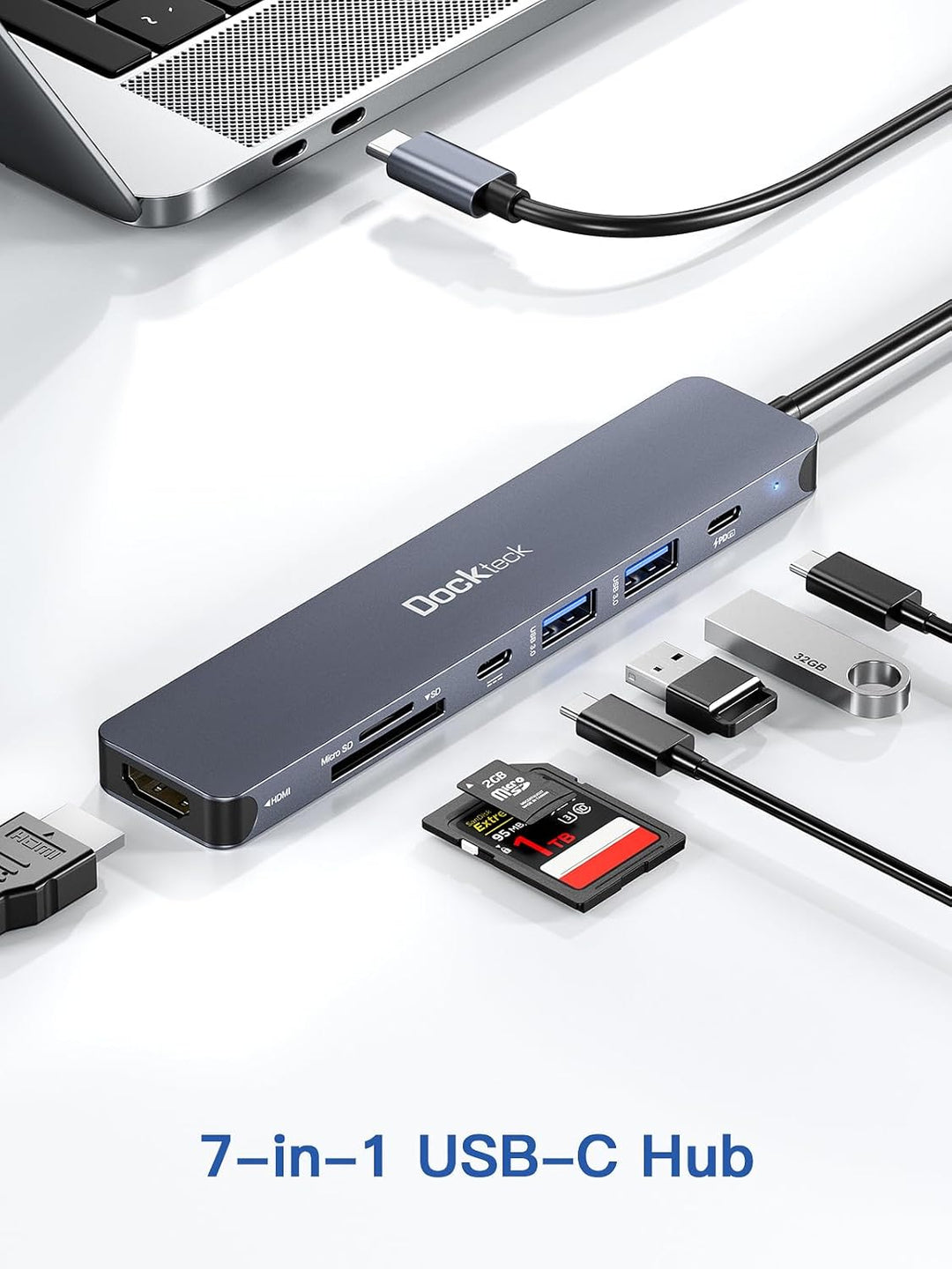 Dockteck 7-in-1-USB-C-Hub Adapter mit HDMI 4K, 2 USB-3.0-Ports, USB C auf SD/TF-Karte, PD-Ladegerät,