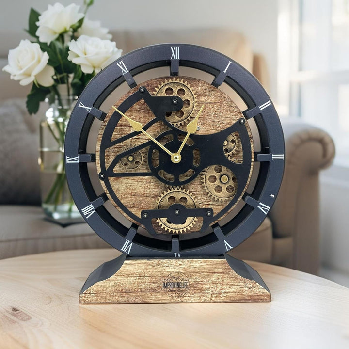 Tischuhr 25,4 cm mit echten beweglichen Zahnrädern, umwandelbar in Wanduhr (Vintage Brown)