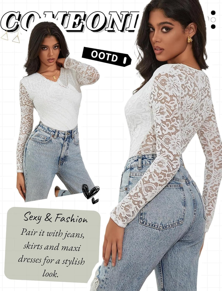 comeondear Sexy Body für Damen Grosse Grössen Langarm Oberteile Spitze V-Ausschnitt Overall Bodysuit