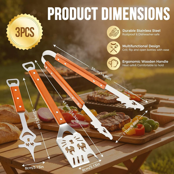 Yoassi BBQ Grillbesteck Set 3-teilig Edelstahl, Grillzubehör mit Grillzange, Grillwender, Fleischgab
