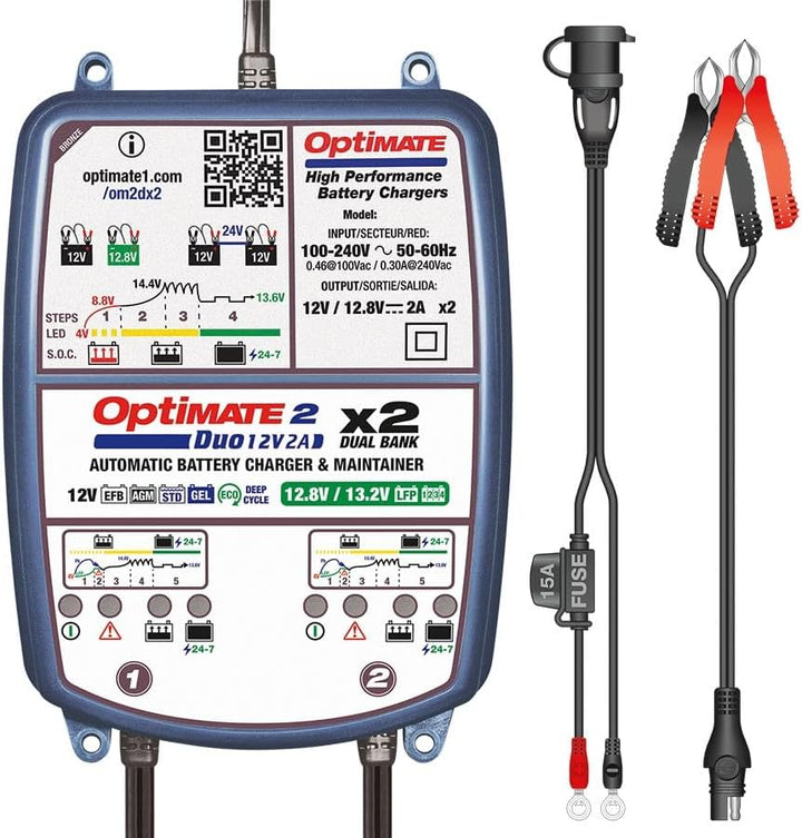 Optimate OptiMate 2 DUO x 2 BANK, TM570, BRONZE-Serie: 5-stufiges 2x 12V/12,8V 2A Batterielade- & -w