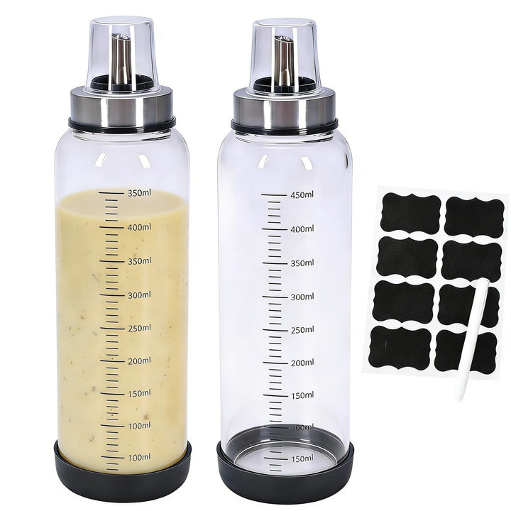 Salatdressing Shaker aus Glas 450 ml 2er Set, Dressingshaker mit Edelstahl Ausgiesser Tropffrei, Sau