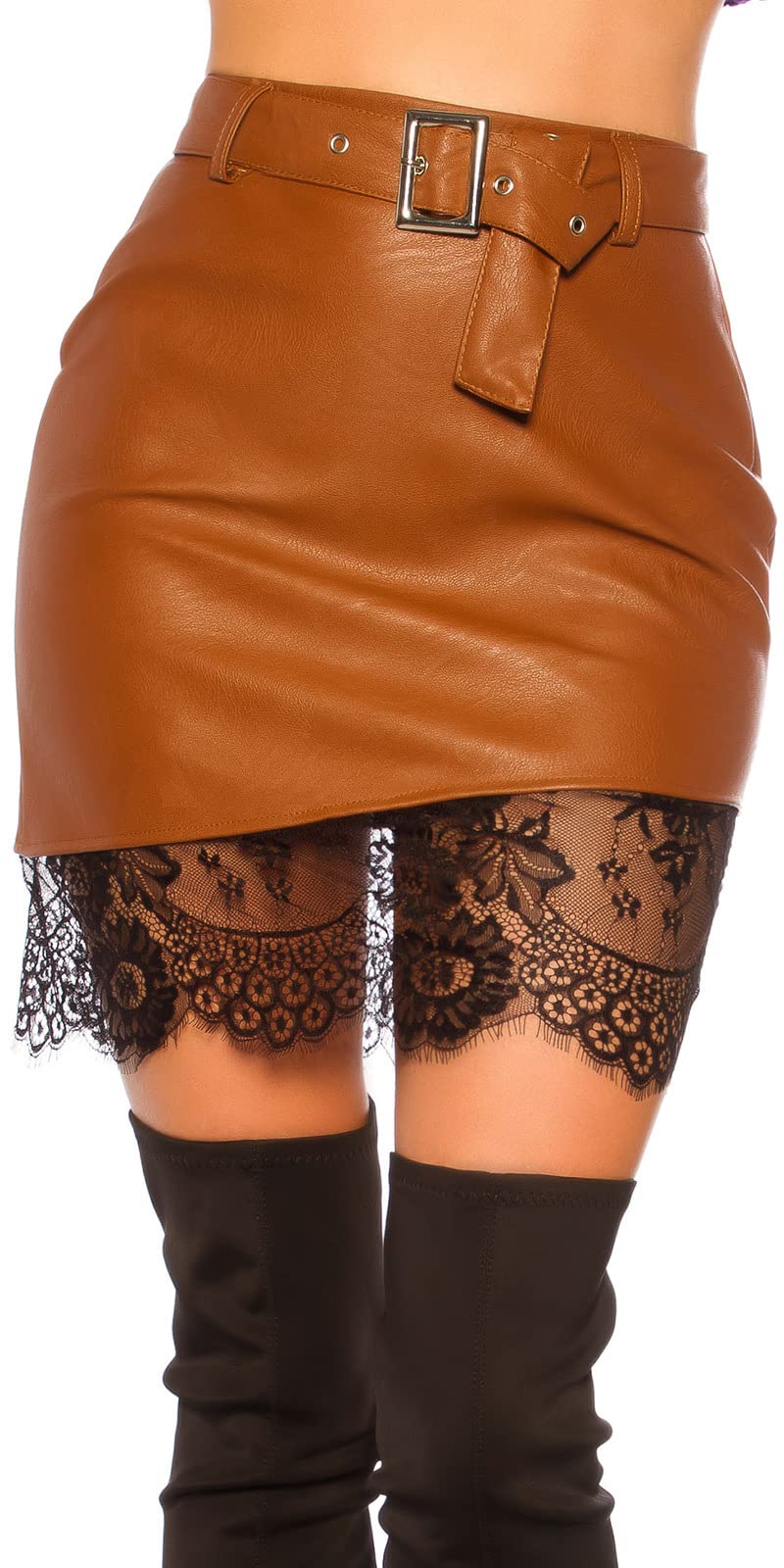 Koucla Lederlook Leder-Optik Rock Kunstleder Minirock mit Spitze und Gürtel XL Braun, XL Braun