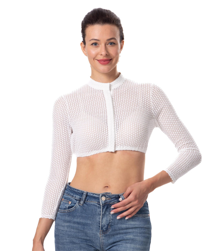 Elegante Blumen Streifen Spitze Hochelastisch Stoff Hochwertig 3/4 Ärmel Dirndlbluse Weiss Spitze Di
