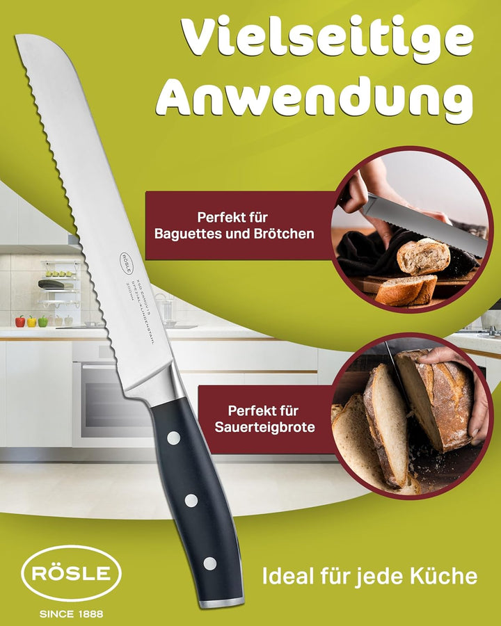 RÖSLE Brotmesser Tradition, Hochwertiges Küchenmesser zum Schneiden von Brot, Brötchen und Baguette,