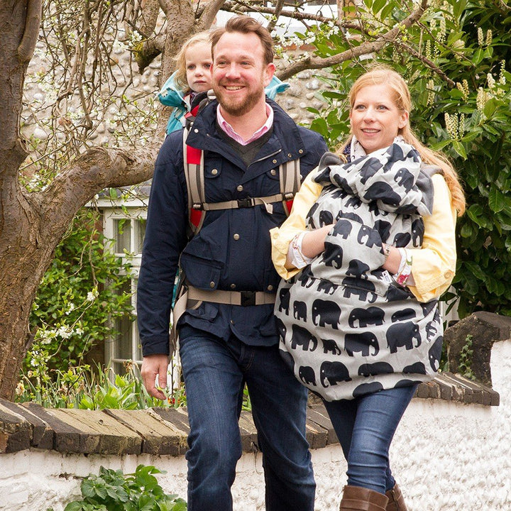 Babywearing: Wasserfester Wetterschutz für Tragetuch und Babytrage -Grau mit Elefanten, Grau mit Ele