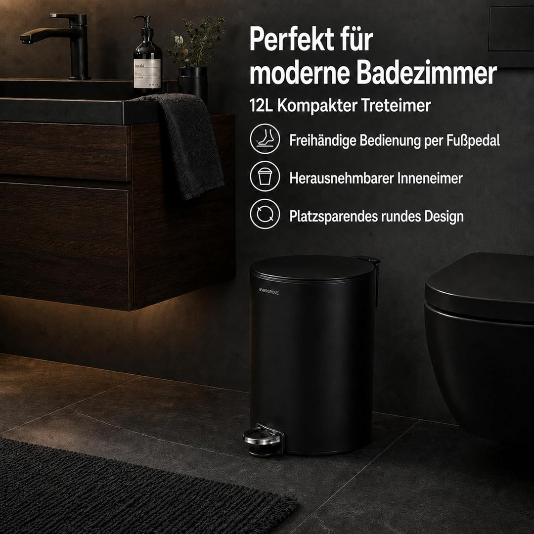 EverGrove Mülleimer 12L Edelstahl Treteimer mit Deckel, Soft-Close leise, Stay-Open Funktion, heraus