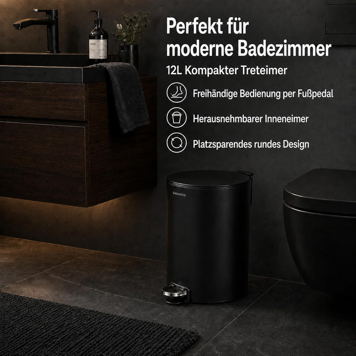 EverGrove Mülleimer 12L Edelstahl Treteimer mit Deckel, Soft-Close leise, Stay-Open Funktion, heraus