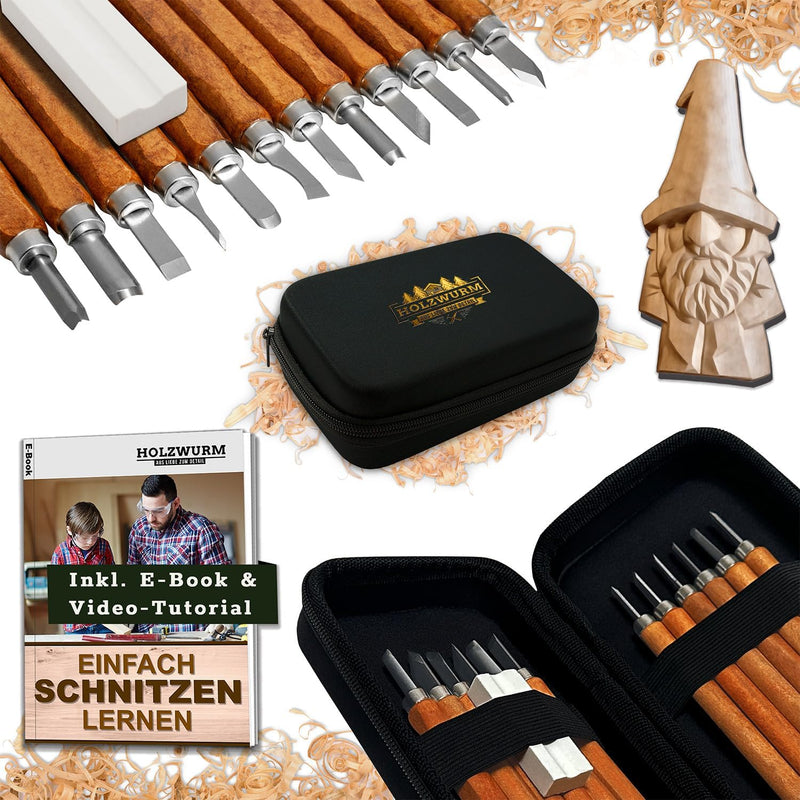 HOLZWURM Holz-Schnitzwerkzeug Set 12-tlg, inkl. Tasche, Anleitung & Abziehstein, ideales Schnitzmess