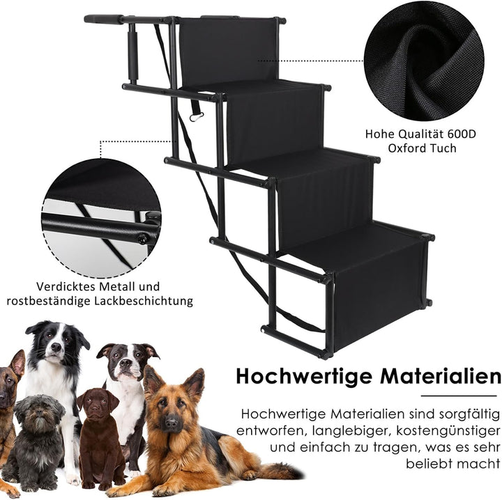 CALIYO Hundetreppe Auto Klappbar bis 75KG für Grosse Hunde, Höhenverstellbare 4-Stufen-Hundetreppe,