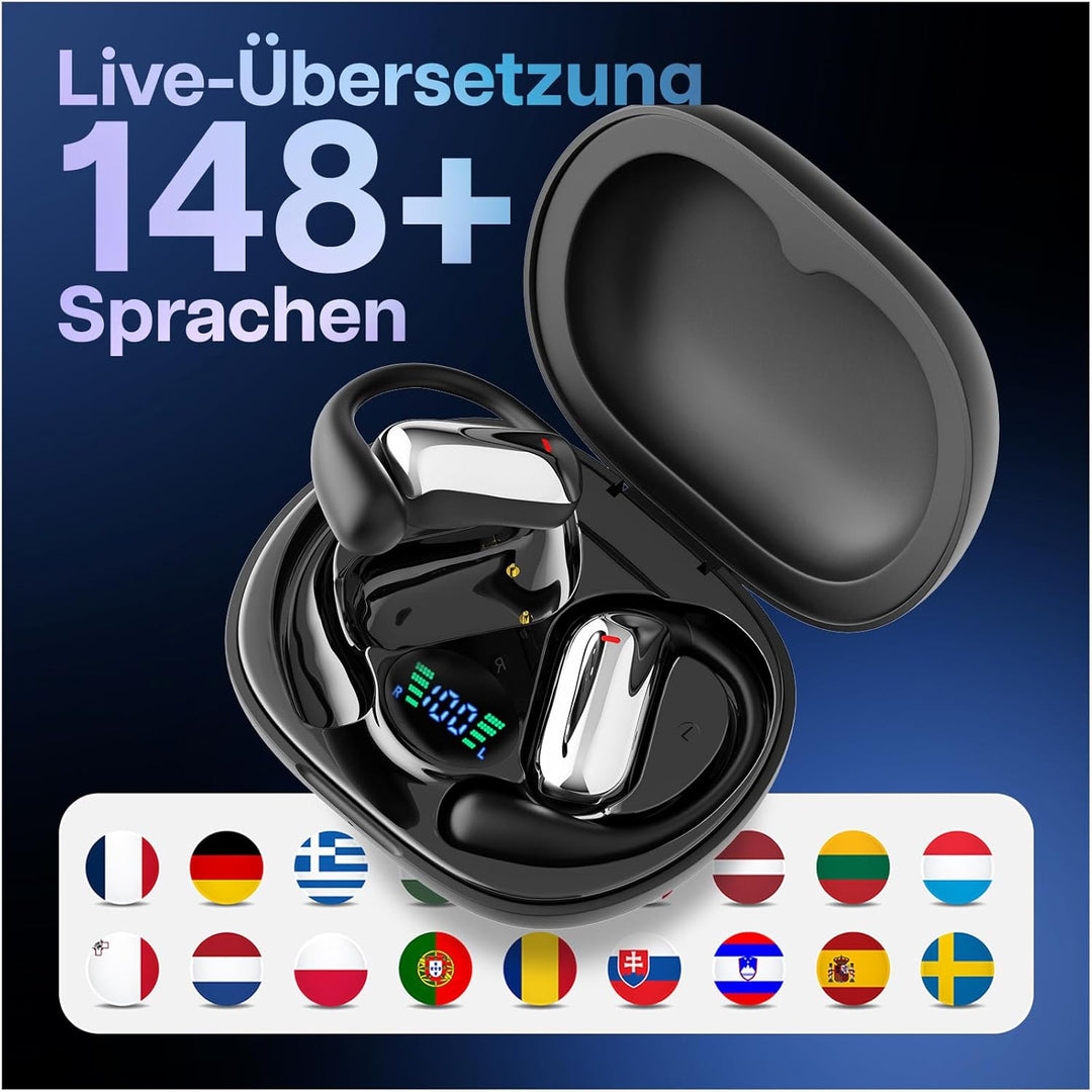 MMOBIEL KI Übersetzer Ohrhörer Echtzeit 148 Sprachen mit App (Android & iOS) –Bluetooth 5.1 Open-Ear