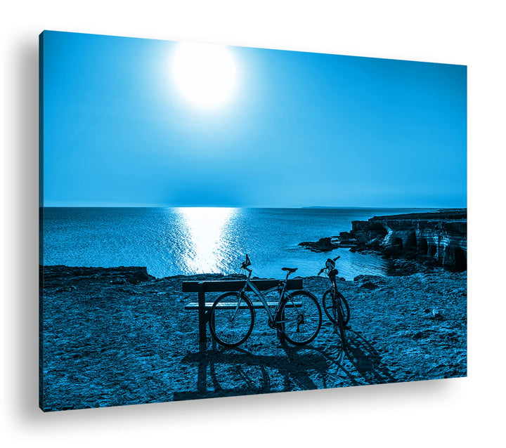 Fahrrad Tour an der Küste Format: 80x60 Effekt: Monocrome Blau als Leinwand, Motiv fertig gerahmt au