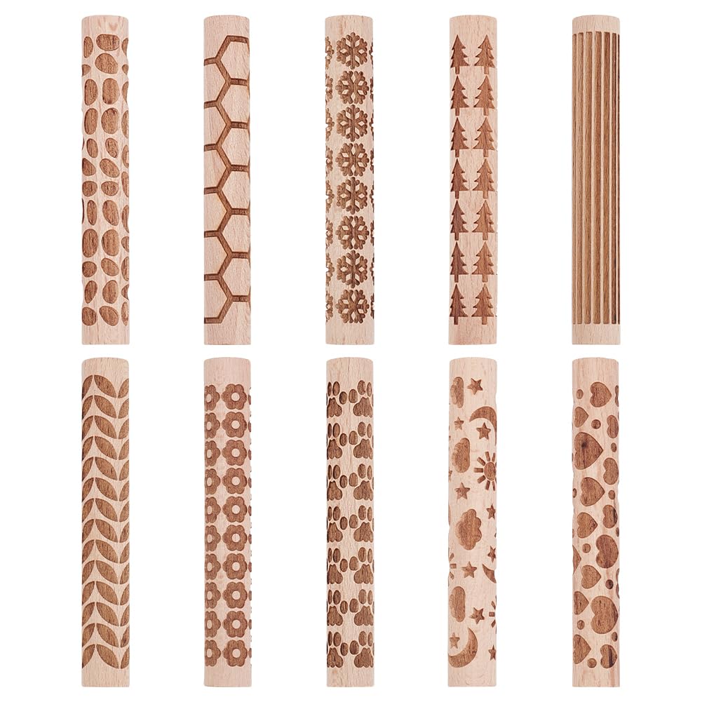 UNICRAFTALE 10 Stück 10 Stile Holz Texturwalzen Set Für Töpferkeramik Stempelroller Werkzeuge 10,2 c