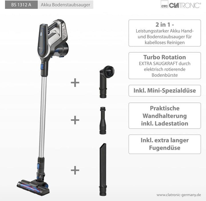 Clatronic BS 1312 A Akku-Bodenstaubsauger, 2 in 1 - Hand- und Bodenstaubsauger, 18,5 V Lithium-Ionen