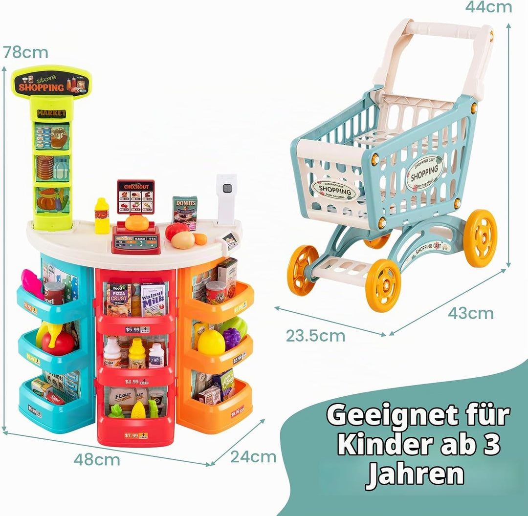HOMASIS Supermarkt mit Einkaufswagen &amp; 29 Zubehör, Kaufladen mit Licht &amp; Sound, Kaufmannsladen mit K