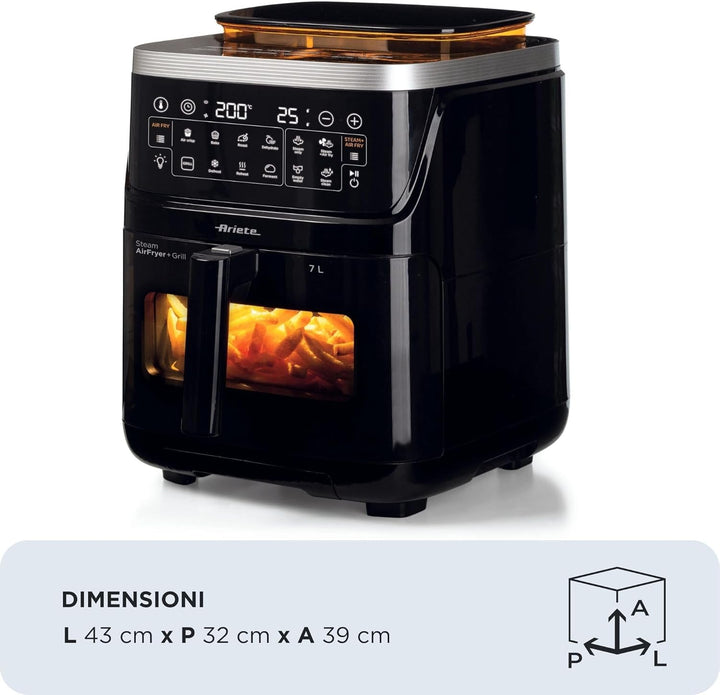 Ariete 4636 Luftfritteuse mit Dampffunktion + Grill, 1700W, Dörrfunktion, 10 Kochfunktionen, transpa