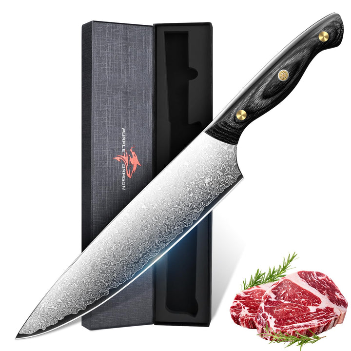 Purple Dragon Damast Kochmesser 20cm - Scharfes Küchenmesser mit VG10 Kernen - Kochmesser mit ergono
