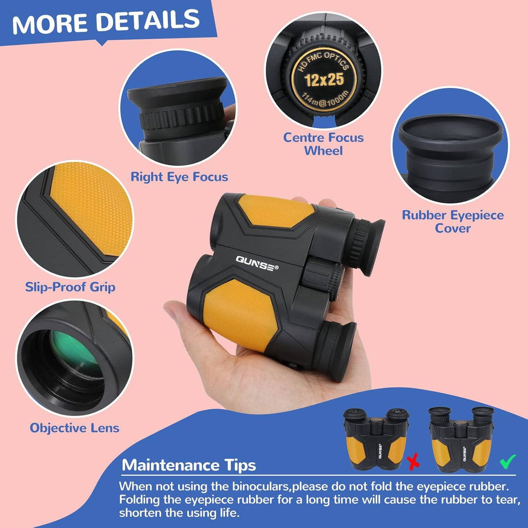QUNSE 12x25 Kompakt Fernglas Kinder Erwachsene Ferngläser Klein mit Nachtsicht Schwachem Faltbares E