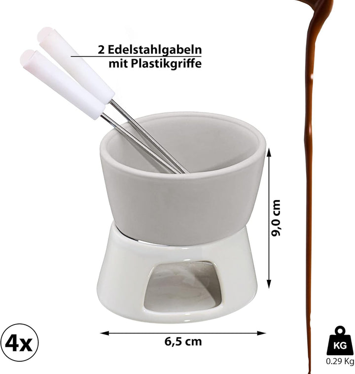 4 x Keramik Schokofondue Set Fondue-Set Schokolandenfondue weiss inkl. 2 Edelstahlgabeln (4 x Schoko