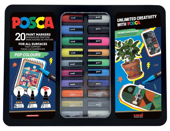POSCA 186832 Marker Set, 20 Acrylstifte im Etui, Marker Set Pop Colours, Spitze PWE5M 1,8-2,5 mm 20e