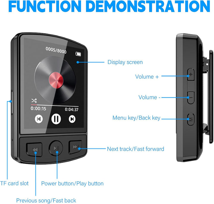 MP3 Player Bluetooth, Tragbarer digitaler Musikplayer mit Lautsprecher, Sprachaufzeichnung Eingebaut