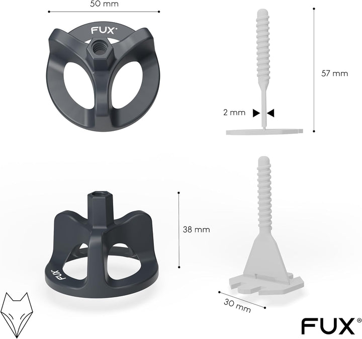 FUX® Fliesen Nivelliersystem 2mm, Fliesenleger Set: 100 Zughauben 2mm + 200 Gewindelaschen, Fliesenv