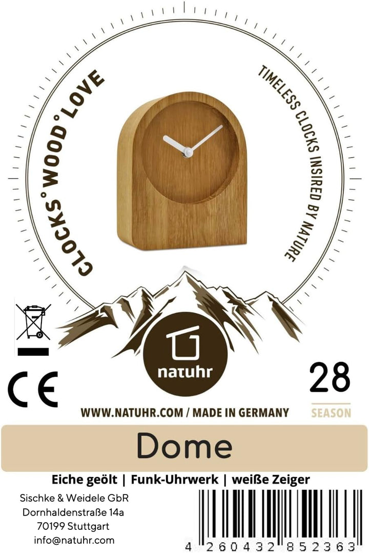 Natuhr Tischuhr Eiche Holzuhr - Dome - puristisch modern Massivholz (Eiche geölt, Weisse Zeiger - Fu