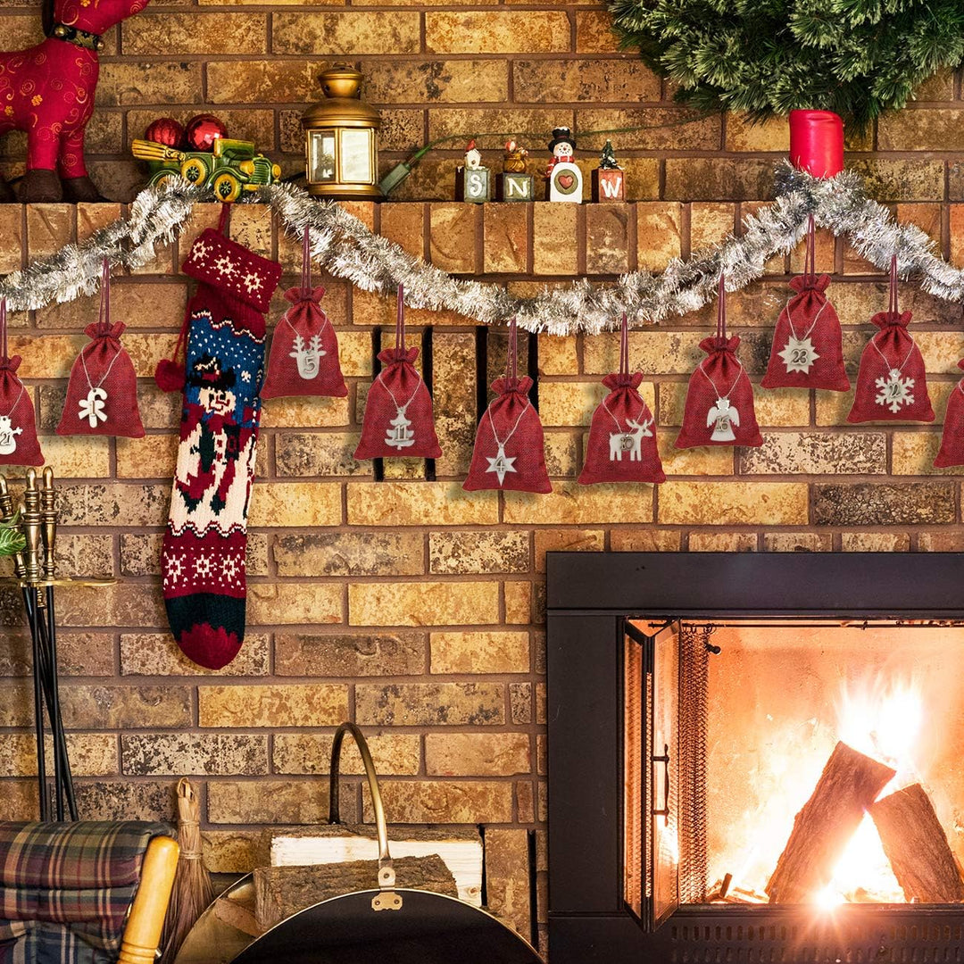 Naler 24 x Jutesäckchen Adventskalender Stoffbeutel mit Zahlen Holzanhänger Jute Beutel Säckchen für