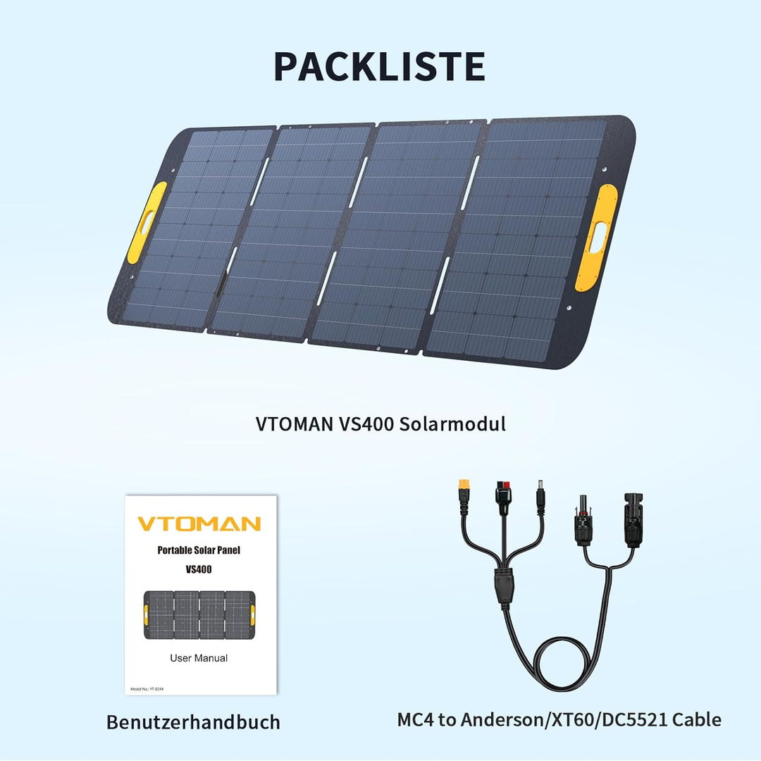 VTOMAN VS400 tragbares Solarpanel 400W, 40V, 23% Effizienz, faltbares Solarpanel mit IP67 wasserdich