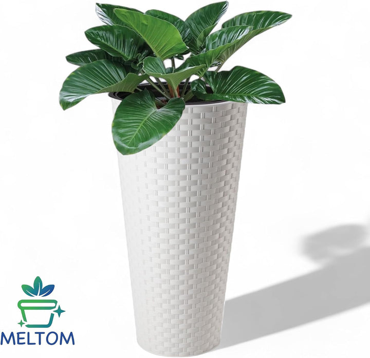 MELTOM Blumenkübel Rattan Optik Blumentopf mit Herausnehmbaren Einsatz aus Kunststoff (Weiss, XXL) X