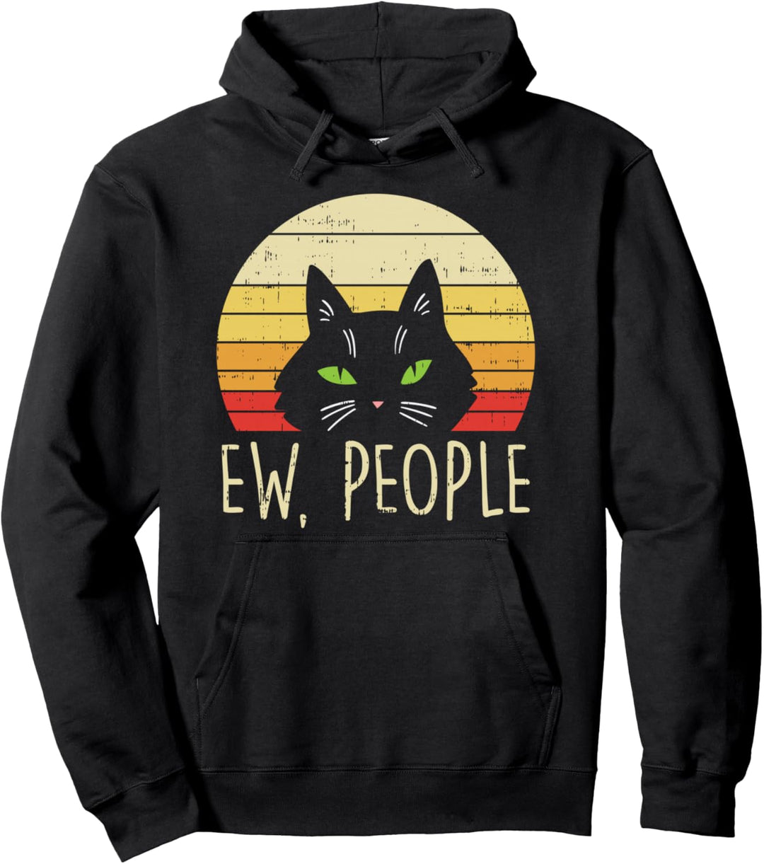 Ew People Cat Sunset Retro Introvert Pet Lover Owner Gift Pullover Hoodie