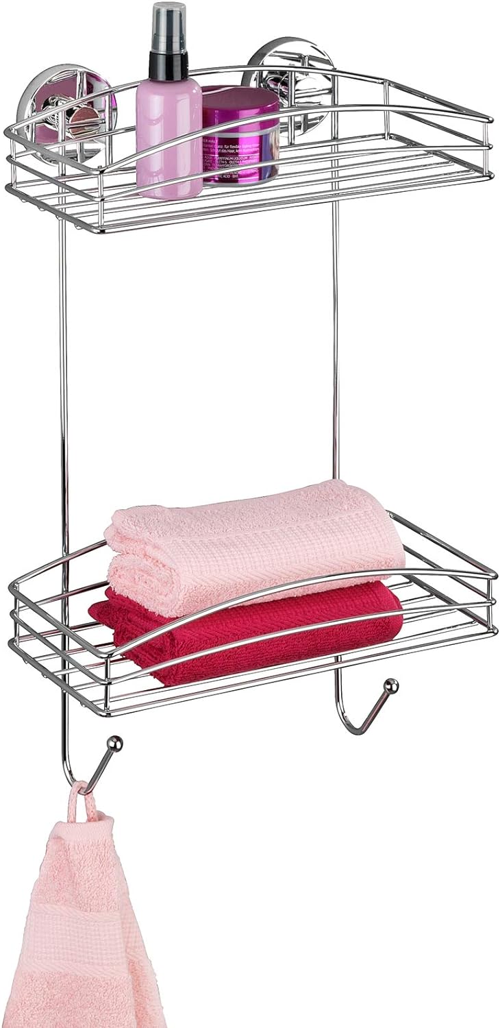 WENKO Vacuum-Loc® Wandregal 2 Etagen und 2 Haken, Wandablage ohne bohren, Duschablage mit Vakuum-Bef
