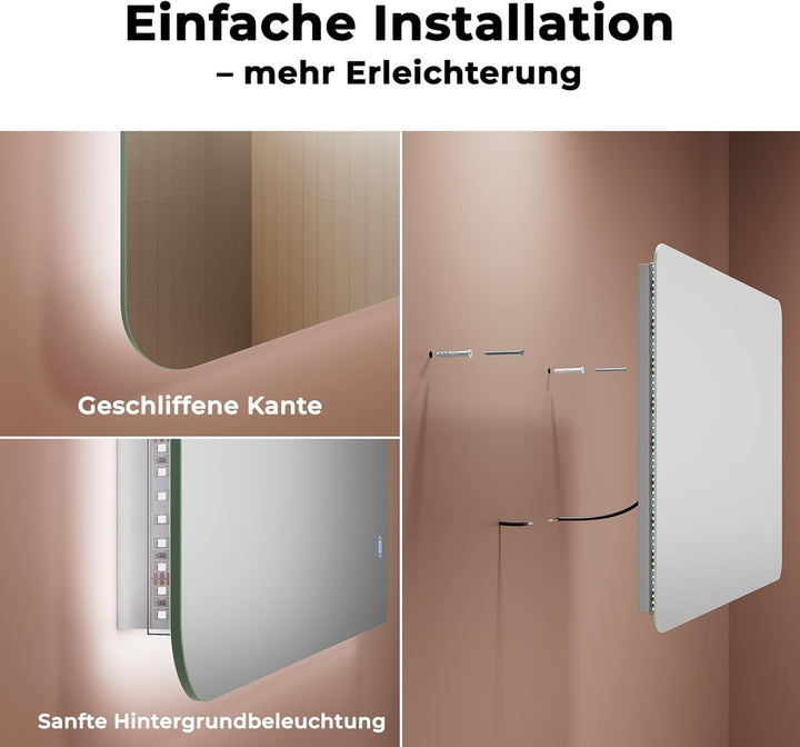 Badspiegel mit Beleuchtung, 120x60x3.5cm, Wandspiegel mit 3.5 cm kupferfreiem Glas, LED mit 3 Farben