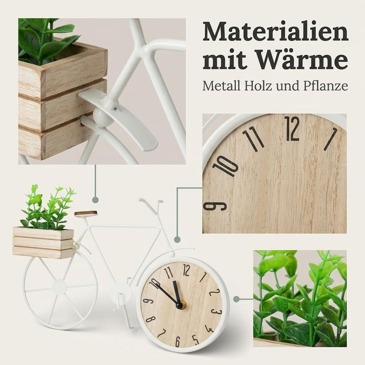 MIJOMA Tischuhr Fahrrad 34 x 24 cm – Metallrahmen mit Holzbox und Deko-Pflanze – analoges Zifferblat