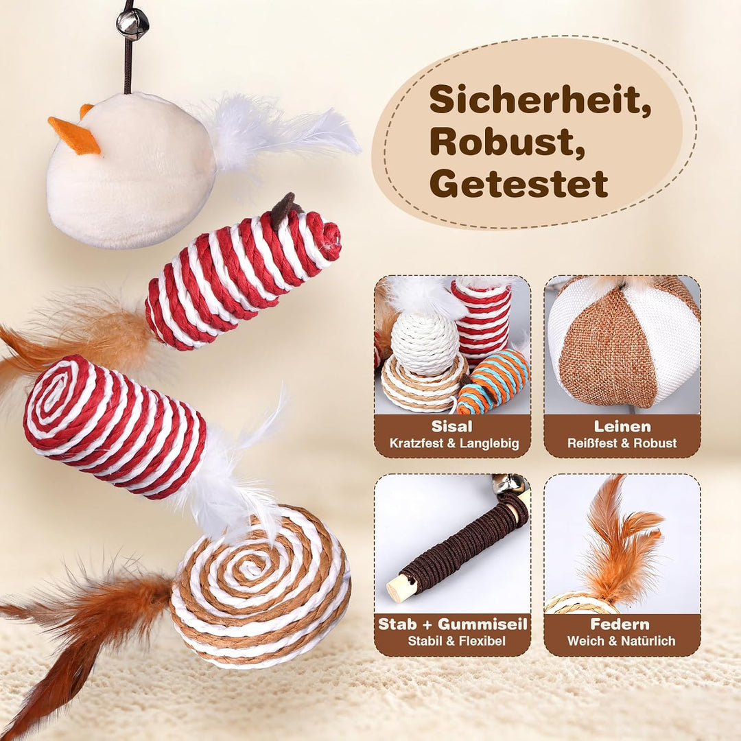 Katzenspielzeug Set 9-teilig | Katzenangel, Sisal Leinen, mit Bällen
