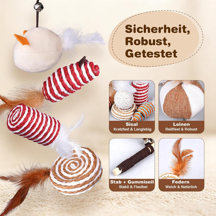 Katzenspielzeug Set 9-teilig | Katzenangel, Sisal Leinen, mit Bällen